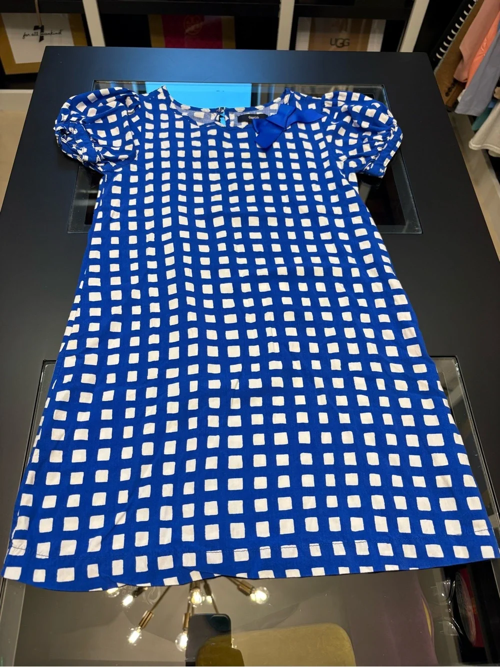 GAP Blue and White Gingham Puff-Sleeve Dress